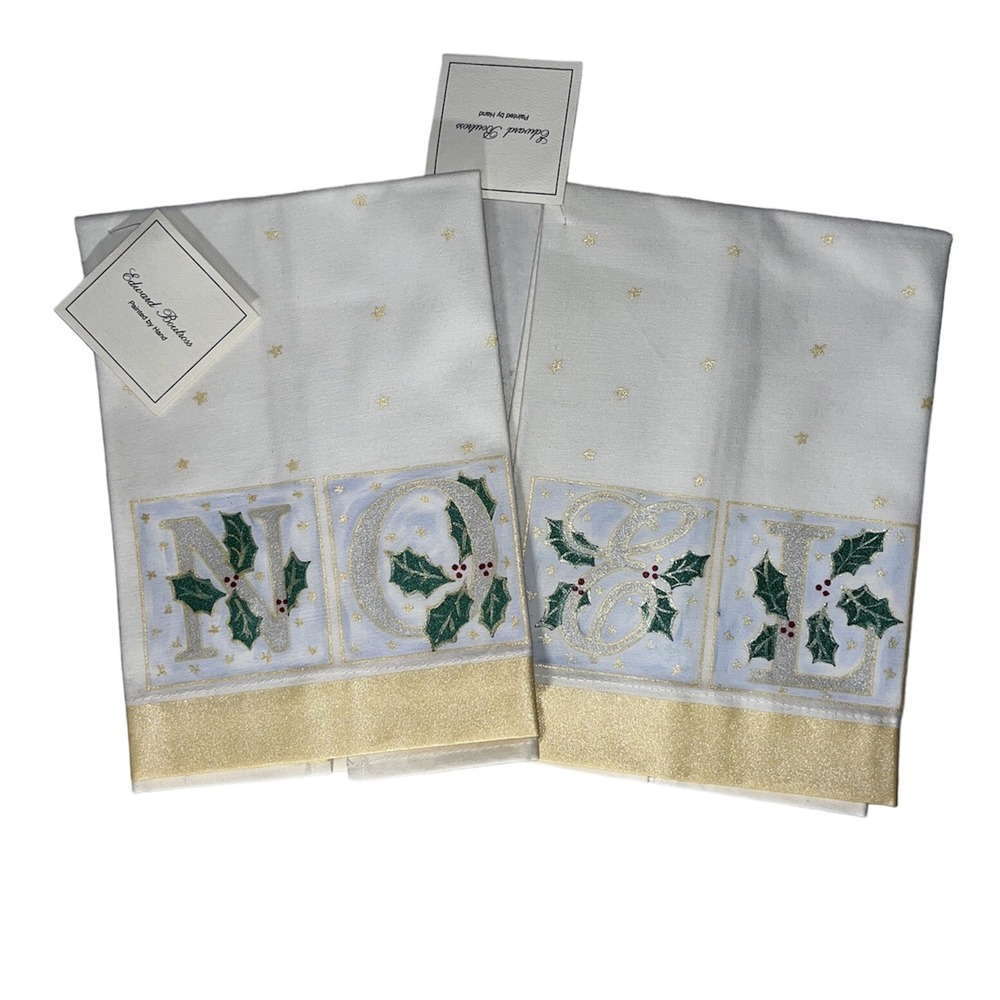 Set Of 2 Edward Boutross Hand Painted Linen Tea Towel Christmas Noel NWT